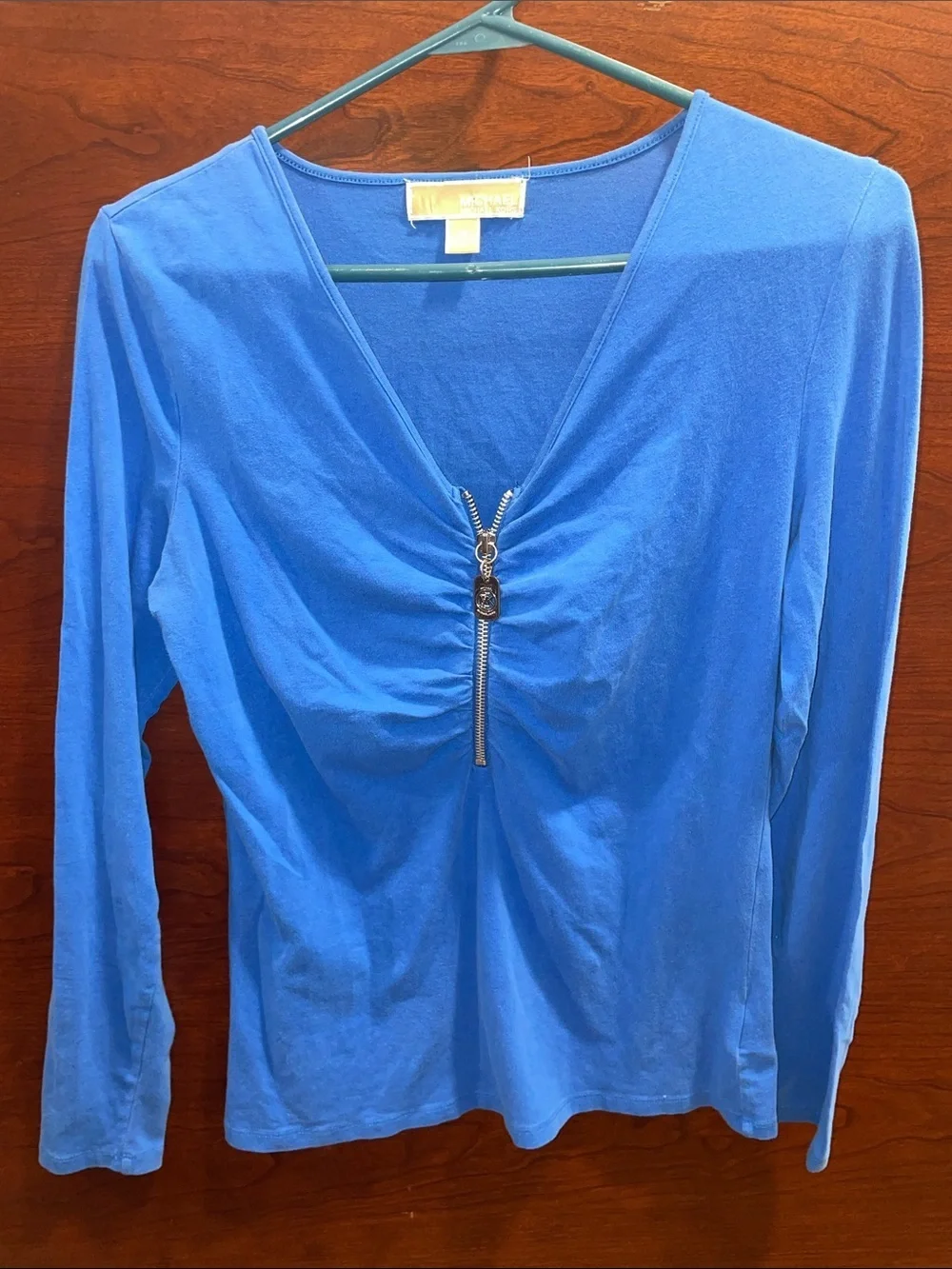 Michael Kors Light Blue Long Sleeve V-Neck Top with Zip Accent